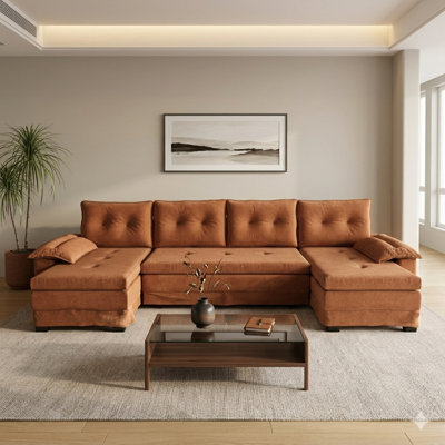 109 Symmetric U-Shaped Modular Sleeper Sofa, 2-in-1 Chenille Sectional Sofa Bed with USB Port and Detachable Armrest
