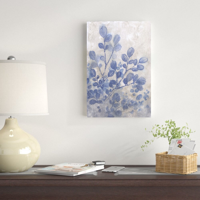 Branche bleue et feuilles - peinture sur toile tendue, H 18 po x l 12 po