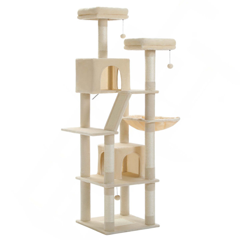 Arbre à chat multi-niveaux avec 2 perchoirs, 2 condos, hamac et 2 pompons pour gratter et jouer, Beige