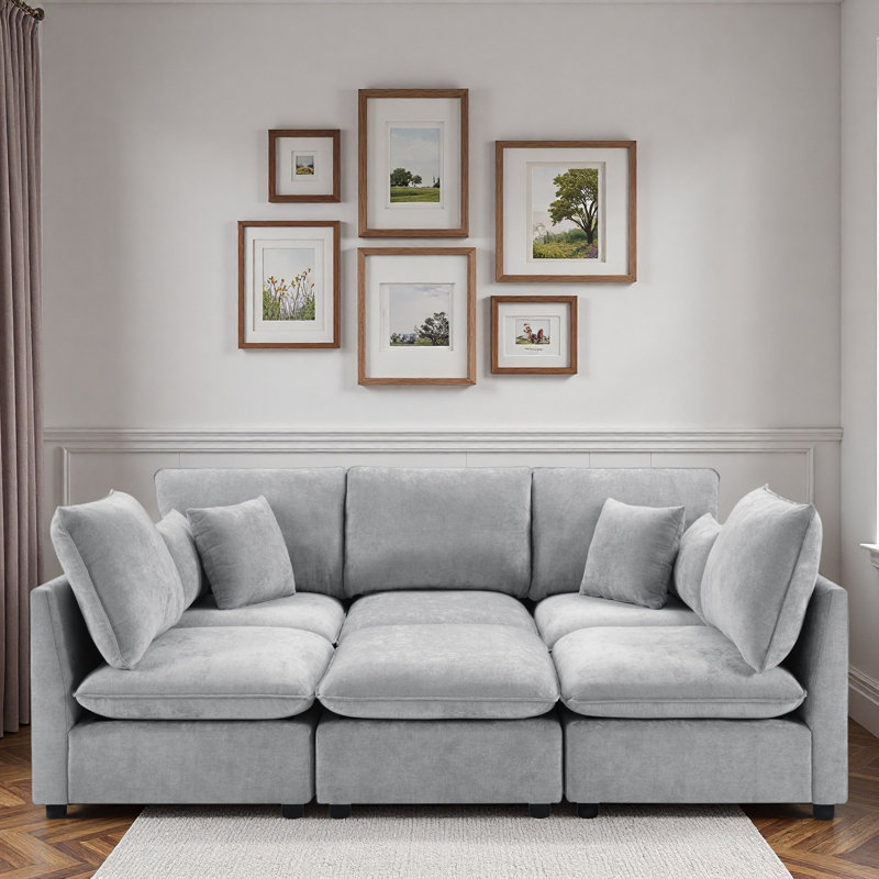 Canapé modulaire moderne avec repose-pieds mobile, accoudoirs de rangement et ports USB, Gris chenille