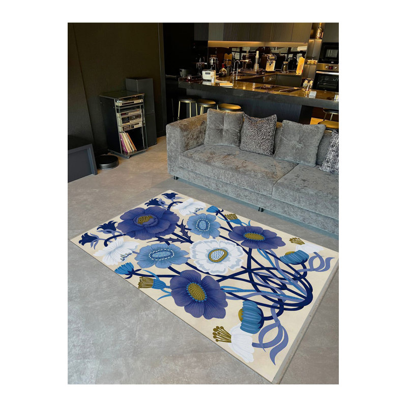 Tapis bleu lavable à la machine à motif floral de la collection Barcelona, Tapis de couloir 2 pi 6 po x 6 pi 7 po