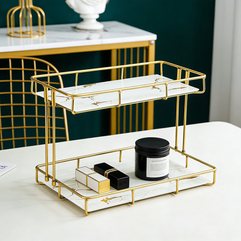 Organisateur de comptoir de salle de bain à 2 niveaux avec tablettes en verre et cadre doré, étagère de rangement élégante pour les parfums, les soins de la peau, le maquillage et les articles de toilette