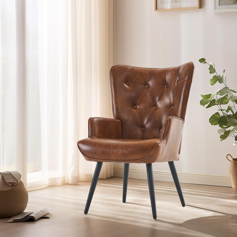 Fauteuil à oreilles en similicuir Nalupatio, fauteuil capitonné capitonné en cuir PU, fauteuil à oreilles avec lecture, fauteuil d'appoint pour salon, brun