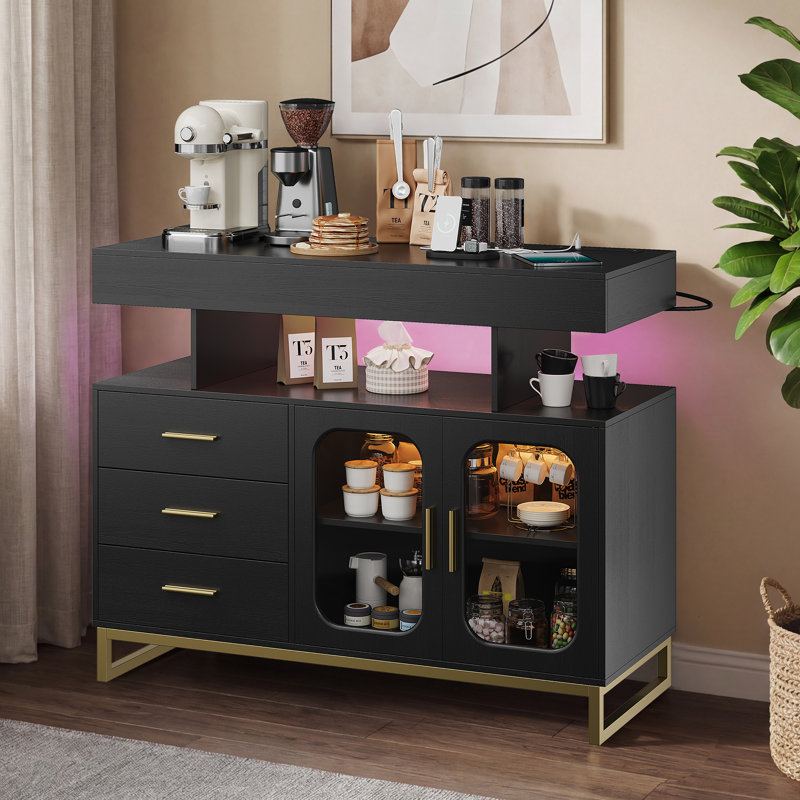 Buffet à DEL avec station de charge, buffet moderne avec 3 tiroirs et 2 portes