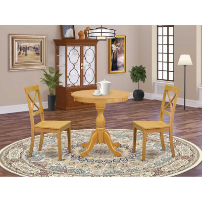 3 Piece Dining Set Contains a Round Dining Room Table with Pedestal and 2 Wood Seat Chairs, 30x30 Inch, Oak