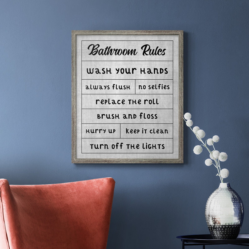 Toile encadrée de qualité supérieure «Simple Bathroom Rules» - prête à être accrochée, Argent patiné, H 24 po x l 20 po