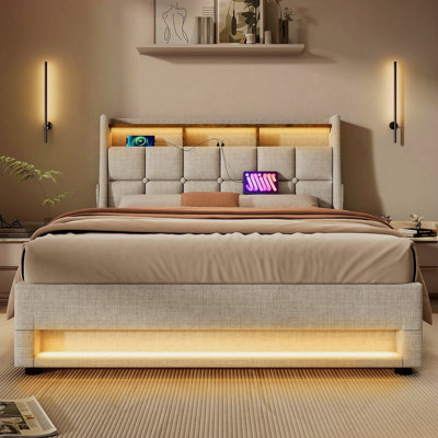 Grand lit plateforme tapissier avec système de rangement hydraulique, chargement par DEL et USB (sans matelas)