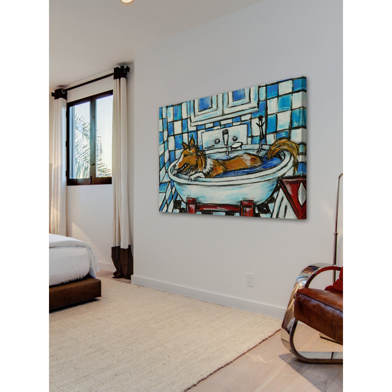 «Sheltie Bath» par Jay Schmetz - impression sur toile tendue, H 12 po x l 18 po