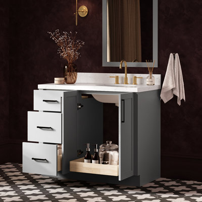 Meuble-lavabo de salle de bain avec lavabo ovale simple décalé à droite de 42 pouces et comptoir en quartz blanc de Carrare de 1,5 pouce d'épaisseur, couleur grise.