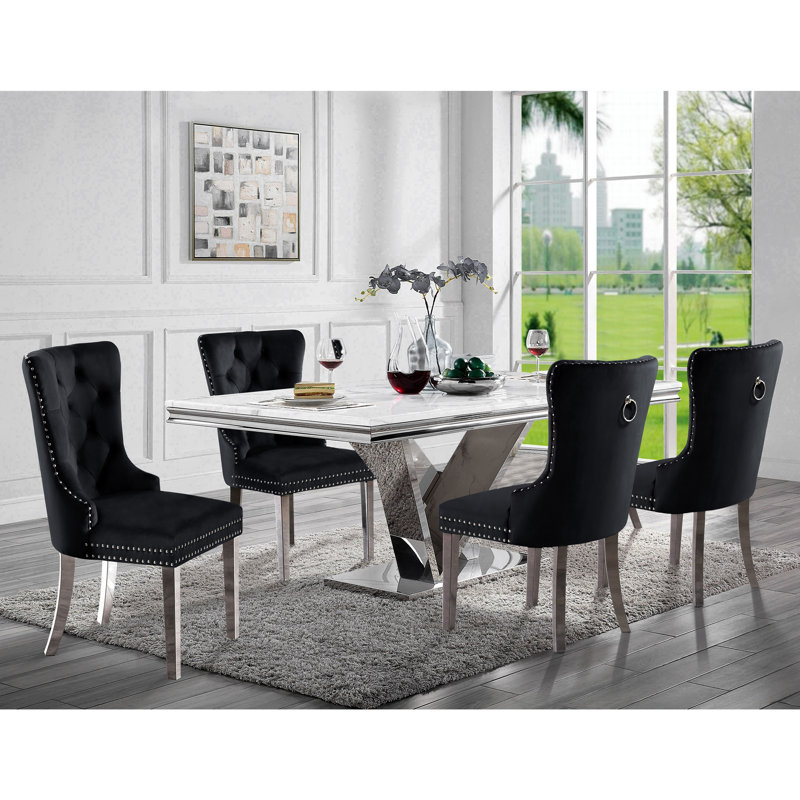 Rummel 78" Width Wingback Stainless Steel 5-Piece Dining Table Set, Noir