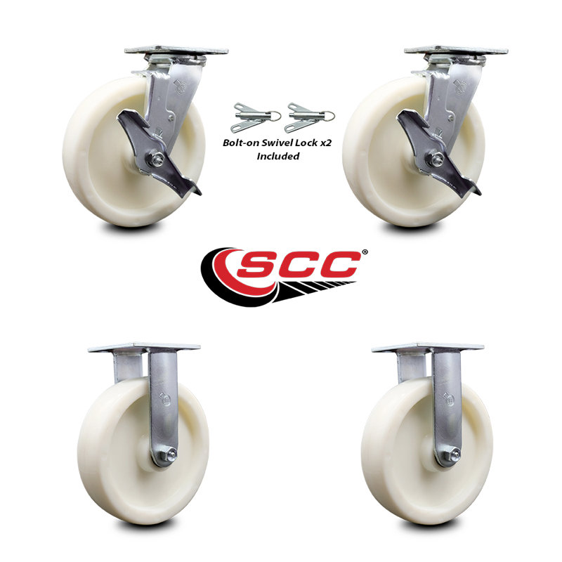 8 Inch Nylon Caster Set with 2 Brakes/Swivel Lock 2 Rigid Service Caster|SCC-30CS820-NYR-TLB-BSL-2-R-2