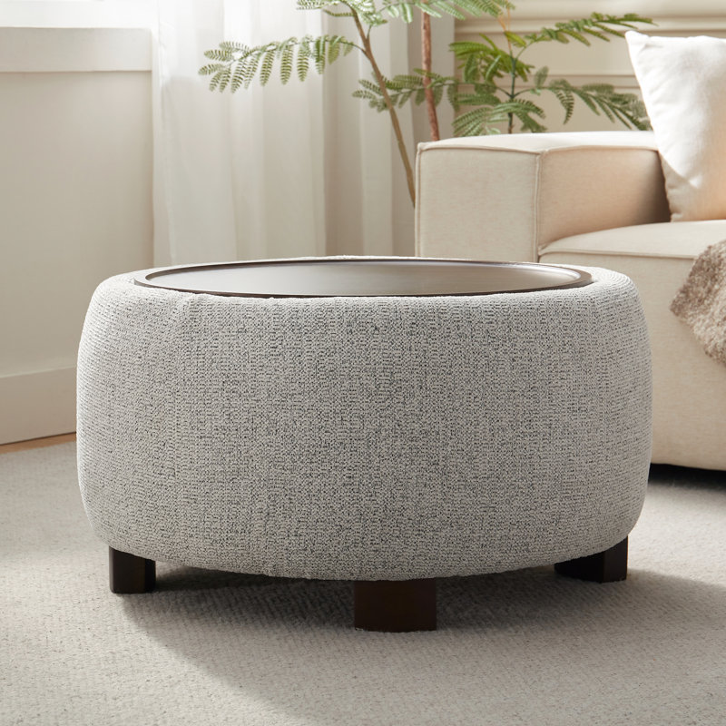 Upholstered Round Storage Ottoman with Wooden Tray, Beige