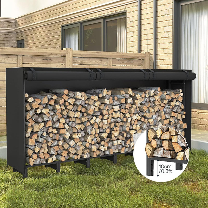 Support à bois de chauffage avec couvercle, support à bûches pour le bois de chauffage extérieur, support à bûches réglable avec couvercle imperméable, rangement pour bois de foyer, support à bois robuste, pour l'intérieur et l'extérieur, noir BB02CH02
