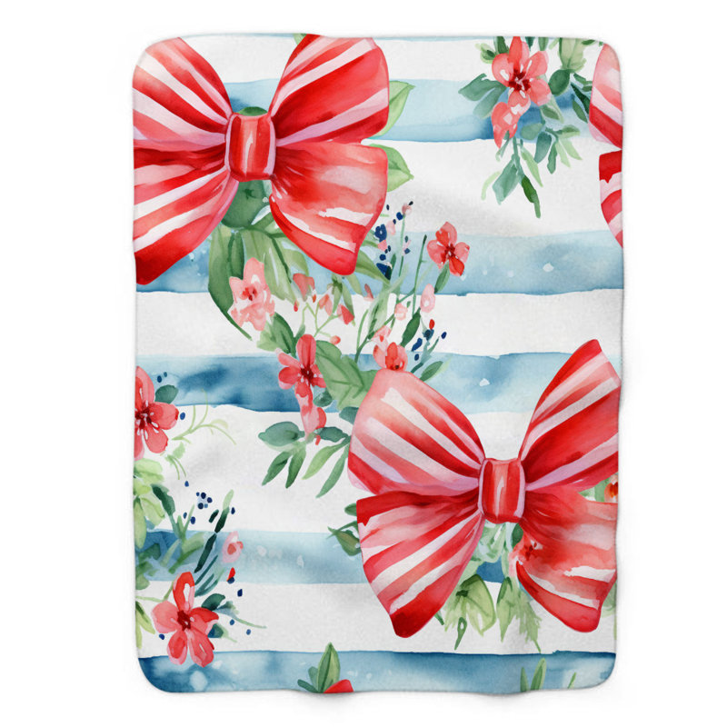Striped Ribbon Bows - Couverture sherpa de qualité supérieure 1 pièce, L 60 po x l 50 po