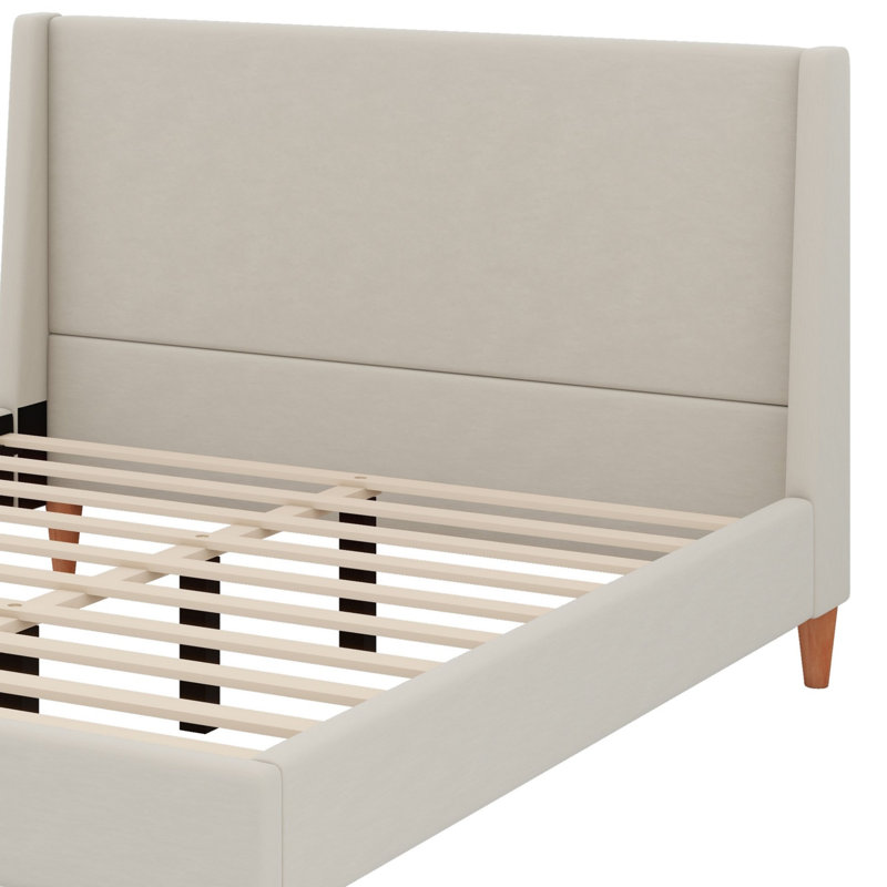 Lit plateforme tapissier avec tête de lit à oreilles et pieds en bois, Beige, Grand