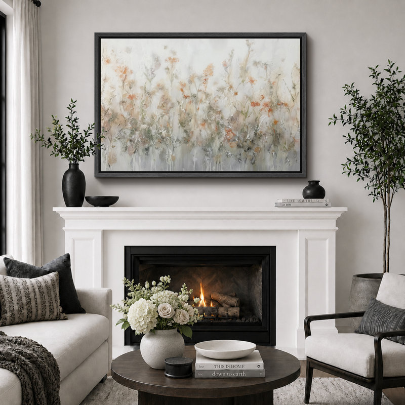 Œuvre abstraite botanique neutre avec formes florales douces, images de salon, impression sur toile encadrée