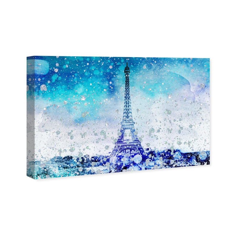 " Eiffel Glitter Blue ", 10'' H x 15'' W x 1.5'' D, Wrapped Canvas