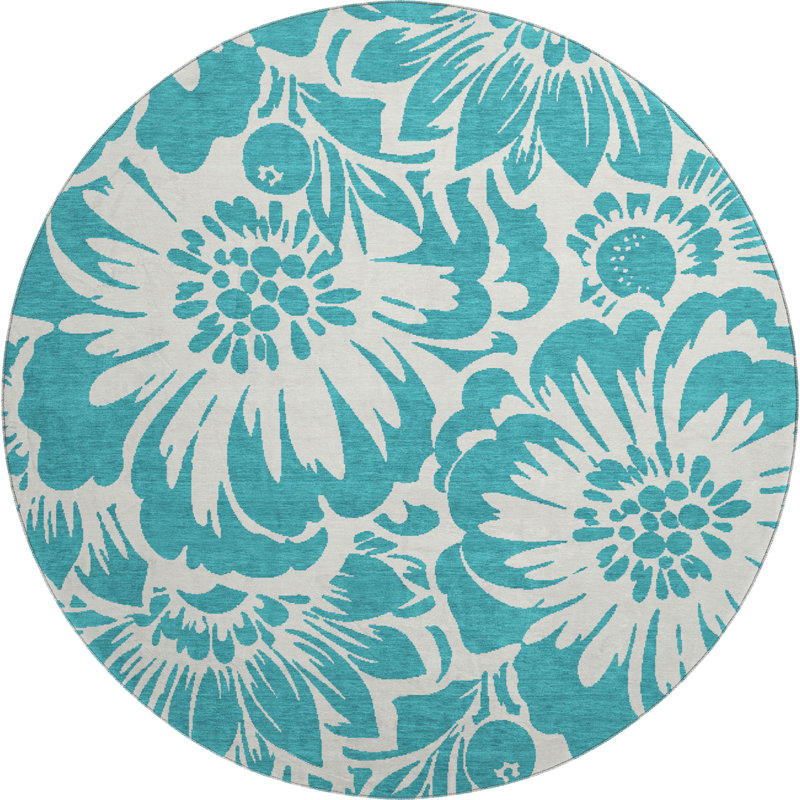 Premium Machine Washable Cerrito AMF551 Teal Rug, Round 8'