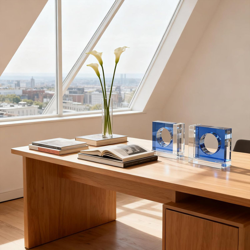 Serre-livres en cristal fait à la main carré, 1 paire de serre-livres de table décoratifs pour bureau, maison, bureau, bleu ciel