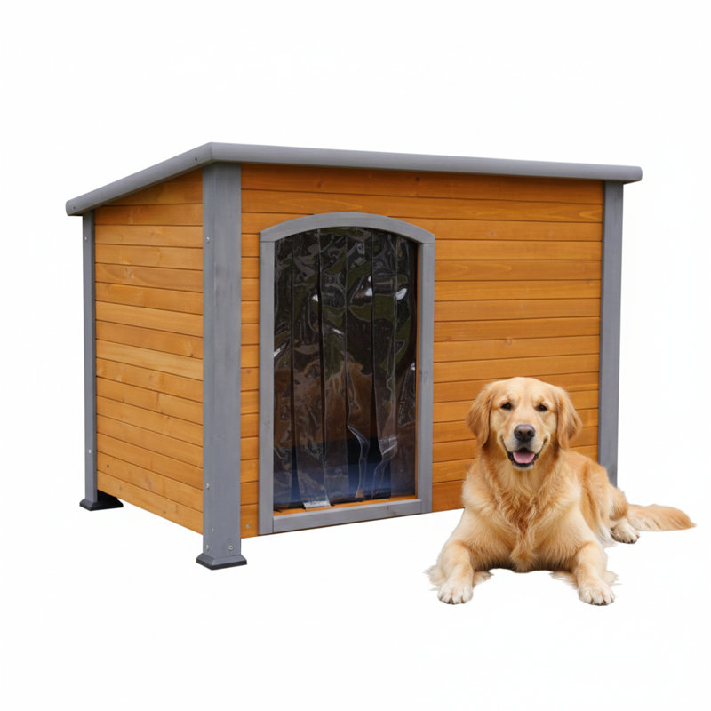 Niche pour chien en bois massif de 45 pouces pour l'hiver, convenant à l'intérieur et à l'extérieur, avec rideau en plastique pour la protection contre les courants d'air et tapis isolant