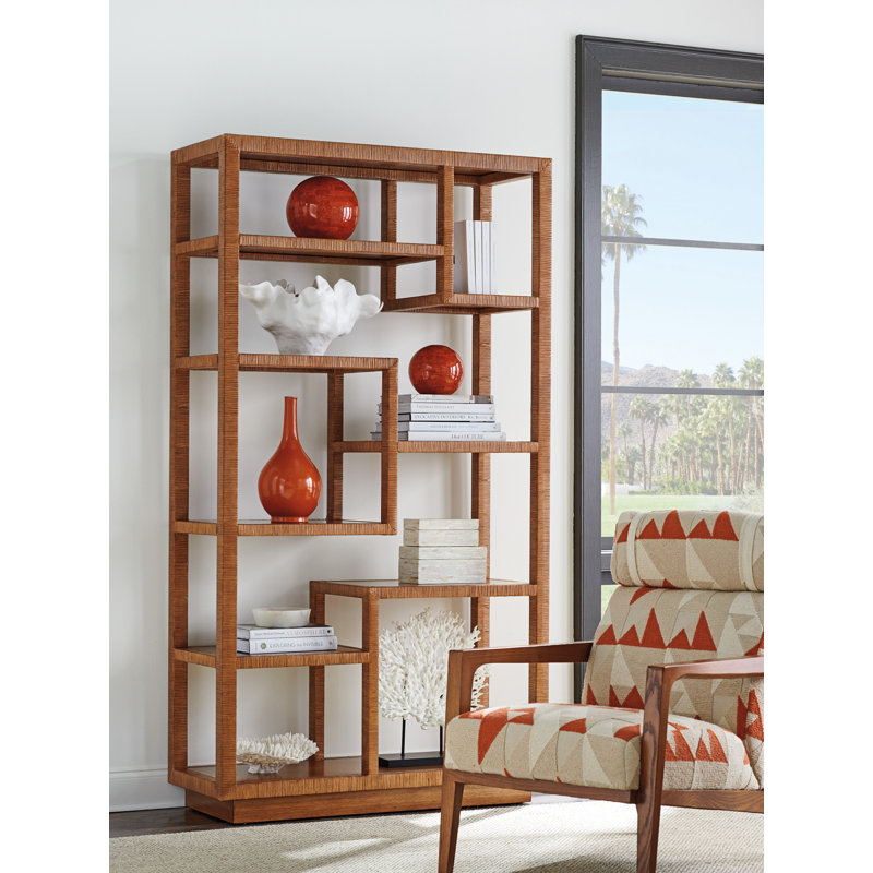 Bryce Brown Wood Raffia Etagere with Asymmetrical Shelves