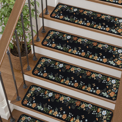 Tapis d'escalier floral antidérapant pour marches d'escalier en bois 15 pièces 30 "x 8" Tapis d'escalier pour enfants, personnes âgées et chiens, housses d'escalier
