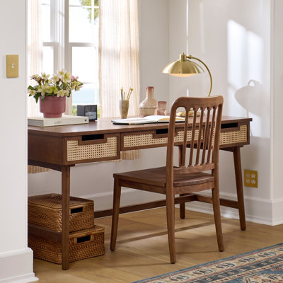 Hadley 52'' Wide Japandi Rattan Writing Desk with 3 Soft-Close Drawers, Tapered Wood Legs & Anti-Tipping Design