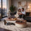 Table basse avec placage, veine en acier inoxydable et rangement intégré, tiroirs