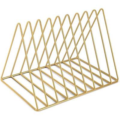9 Slot Record Holder,Desktop Vinyl Record Storage Holds Up 30 Lps,Metal Magazine Holder Triangle File Holder For Office Homer,Golden