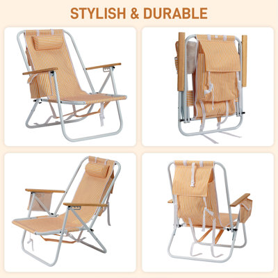 Chaise longue pliable en aluminium antirouille, réglable en 4 positions, avec accoudoirs en bois, poches latérales et coussin amovible. Capacité de charge : 120 kg. Rayures verticales orange et blanches. Dimensions : 61 x 56 x 94 cm. Parfait pour la plage, la terrasse et le camping.