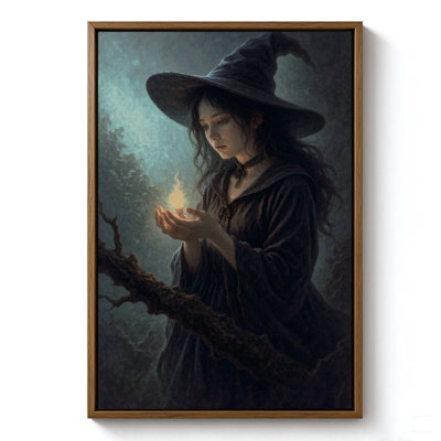 Sorcière d'Halloween avec sphère lumineuse, tableau sur toile encadré, cadre marron, 40 x 60 cm