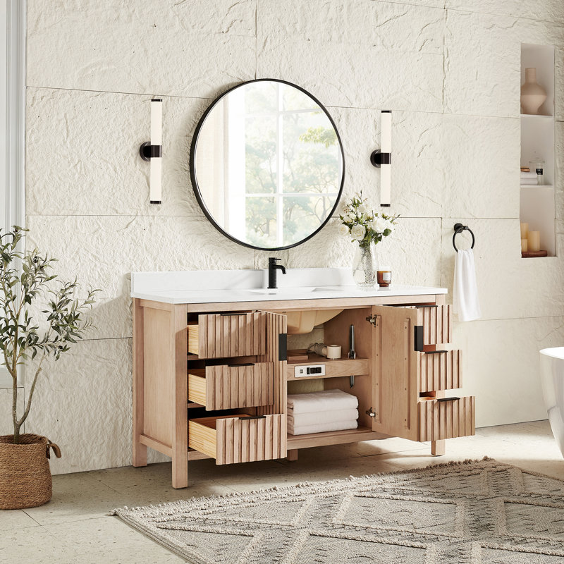 Meuble-lavabo simple 60 po avec plateau en pierre blanche à grain blanc, Aged Natural Oak/ Matte Black