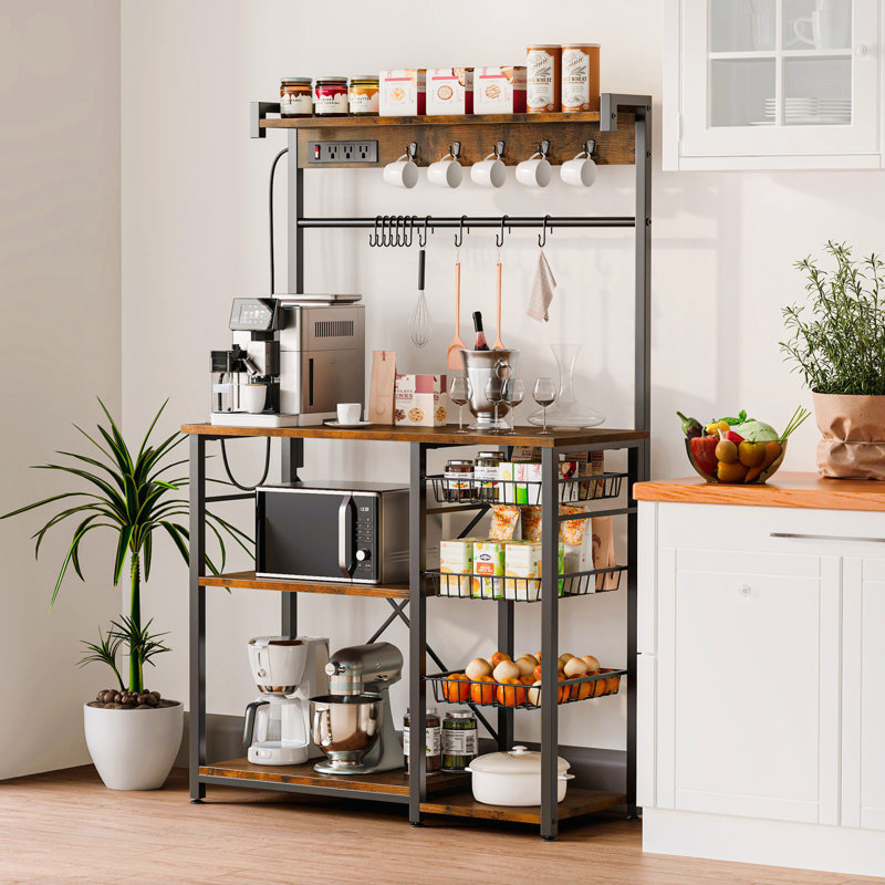  38.8'' Metal Standard Baker's Rack with Power Outlets, Microwave Stand, Coffee Bar, 3 Wire Baskets, 15 Hooks, Rustic Brown