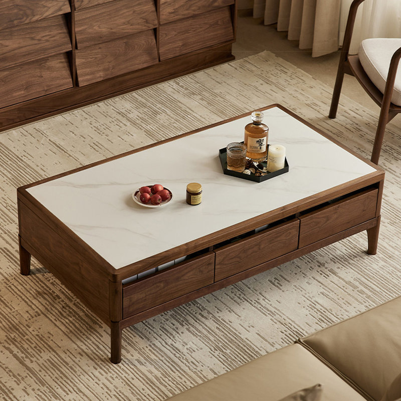 Table basse avec rangement en dalle de granit en bois massif, H 15,7 po x L 55,1 po x l 27,6 po