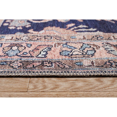 Lindauer Machine Washable Boho Floral Powerloomed Rug in Navy/Blush