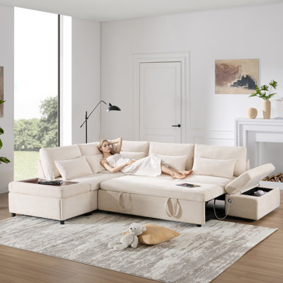 Canapé-lit modulaire de 107 po avec canapé-lit en forme de L, accoudoirs réglables en L, charge USB et de type C, repose-pieds avec rangement à mouvement libre, combinaison gratuite pour le salon et l’appartement, chenille