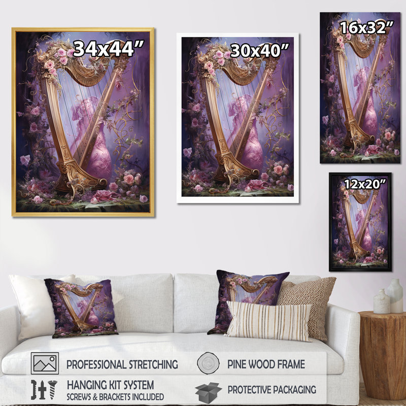 «Lyre Lore Mythical Mauve II», reproduction sur toile, H 44 po x l 34 po x P 1,5 po, Toile tendue