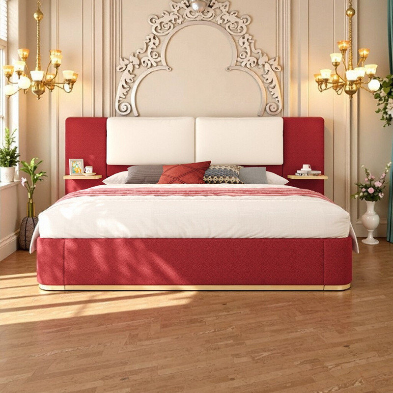 Très grand lit plateforme tapissier avec tablettes intégrées et coins arrondis sans sommier, Très grand lit, Rouge