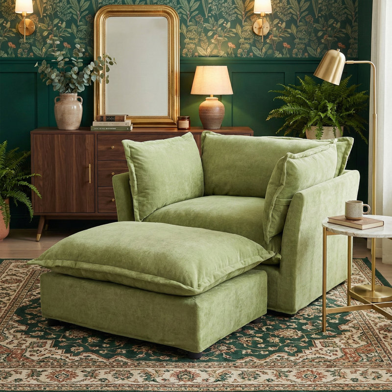 Ensemble de fauteuil d'appoint et de repose-pieds de 47 po de large - Fauteuil en chenille de luxe et demi pour coin lecture - Fauteuil robuste de 350 lb