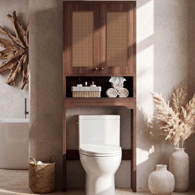 Meuble de rangement OMCMUU à placer au-dessus des toilettes, avec porte en rotin et étagère réglable, en noyer, autoportant, porte-papier hygiénique, 2 poignées dorées, antibasculement, en MDF, gain de place, pour salle de bain et buanderie.