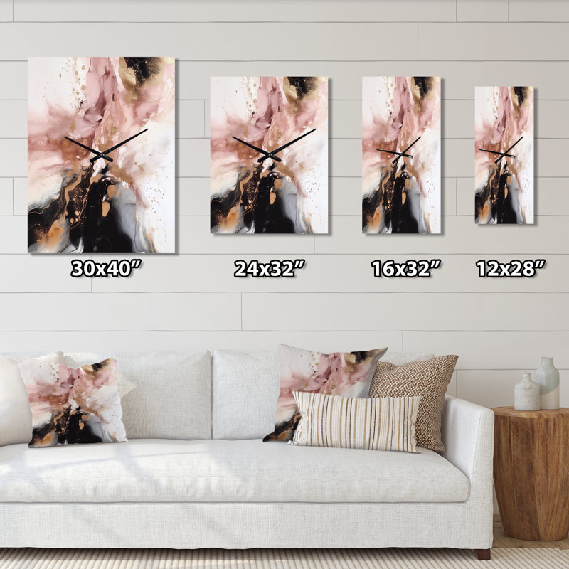 Texture de marbre rose doré I - Horloges murales abstraites en marbre, H 40 po x l 30 po