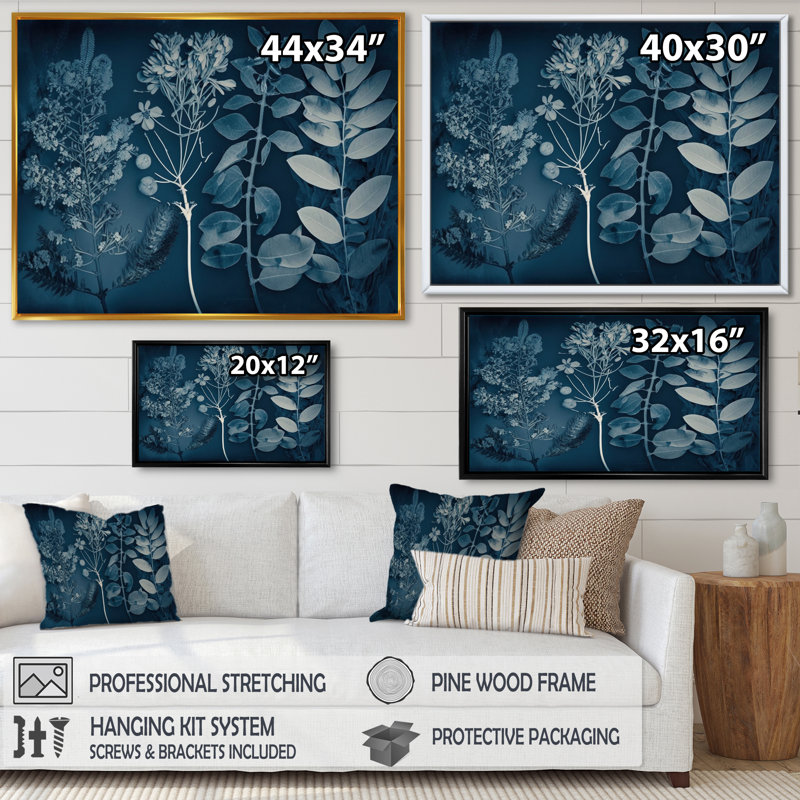 Fleurs sauvages rétro dans les tons de bleu I - reproduction sur toile, H 24 po x l 32 po x P 1 po, Cadre flottant doré