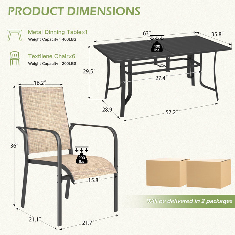 7 Piece Patio Dining Set, Outdoor Dining Table And Chairs Set For 6, 6 PVC-coated polyester Chairs, 1 Iron Rectangular Table With Adjustable Umbrella Hole , Patio Furniture Set For Deck, Backyard, Lawn, Poolside