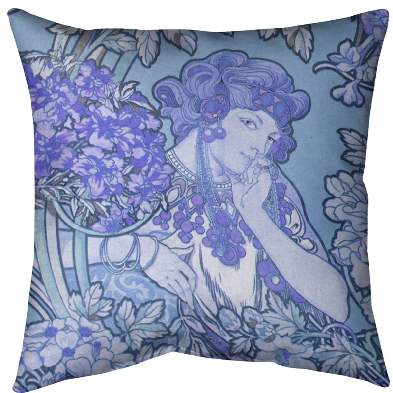 Coussin décoratif alphonse mucha femme entre fleurs, 18 po x 18 po, Bleu, Simili suède