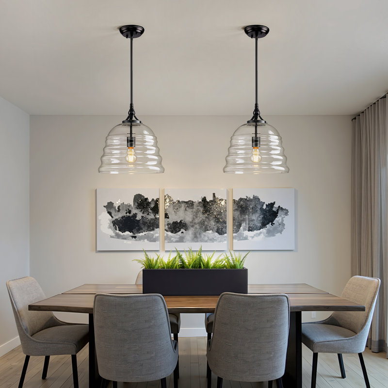 Luminaire suspendu moderne à 1 lumière à dôme à intensité variable avec verre transparent, Noir mat