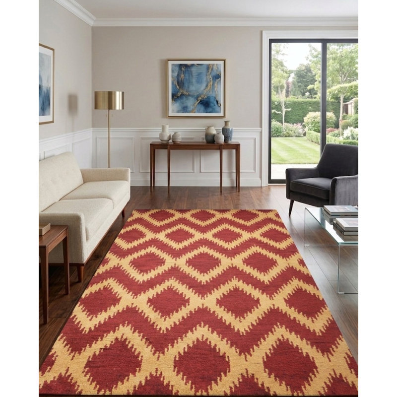 Rouge | Tapis intérieur géométrique en laine doré fait à la main, Rectangle 9 pi x 12 pi