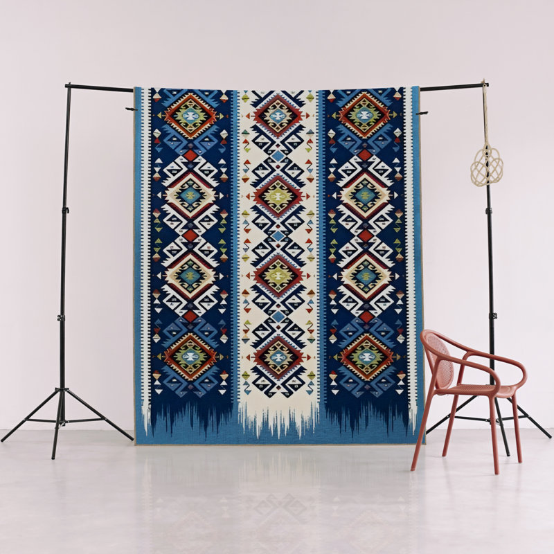 Blue-Themed Multi-Coloured Stripe Traditional Motif Patterned Vintage Decorative Rug, Runner 3'3.37" x 6'6.74"