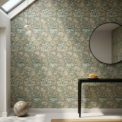 Vintage Floral Vine Wallpaper in Blue, Cream, and Beige