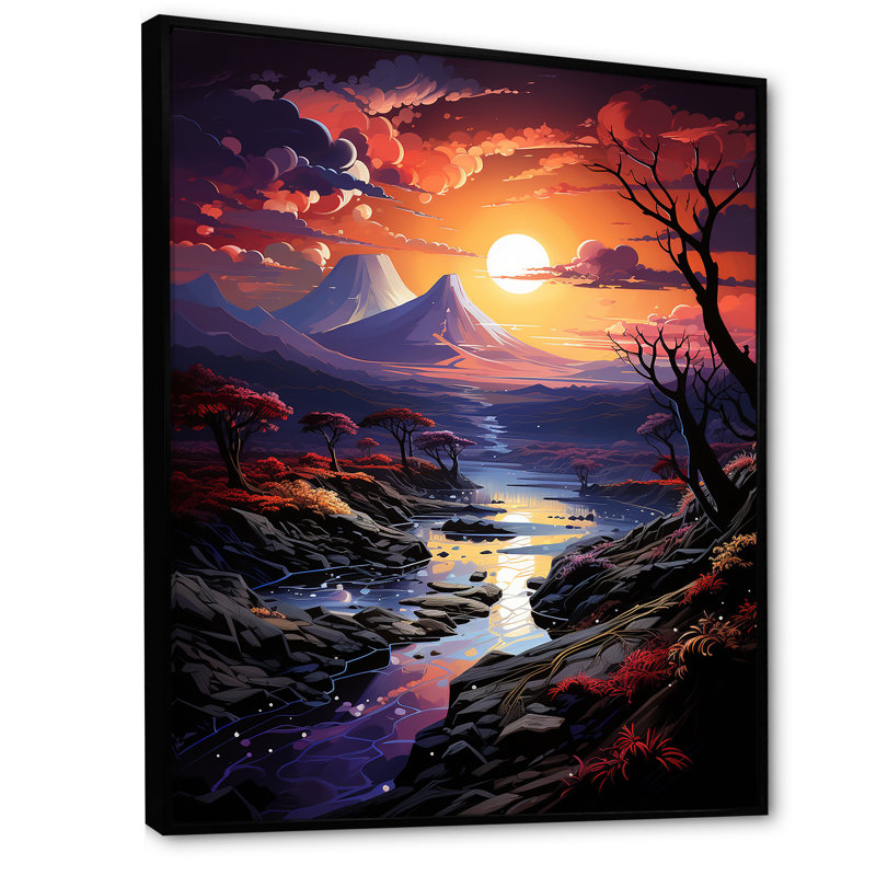 Volcan, crépuscule volcanique sur toile, Cadre flottant noir, H 32 po x l 16 po x P 1 po