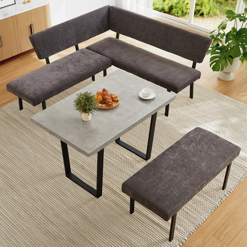 3-Piece Mdf Top Dining Table Set 47.2 In. Rectangle Table, 1  Sofa Corner Bench And 1 Bench, Gray, Gray